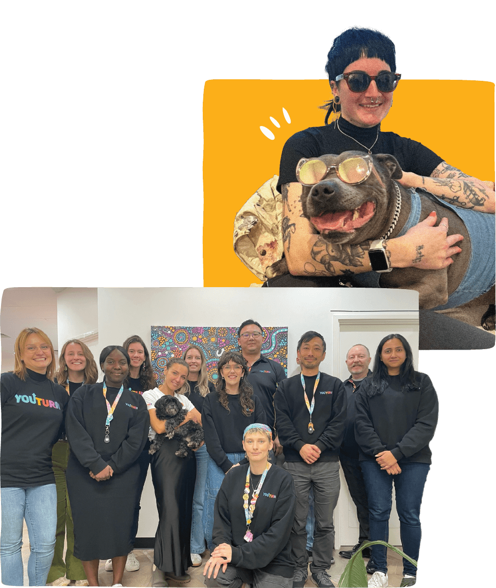 Youturn team and lady with dog